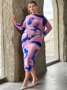 SHEIN Privé Plus Tie Dye Ruched Side Bodycon Dress - Multicolor - View 5