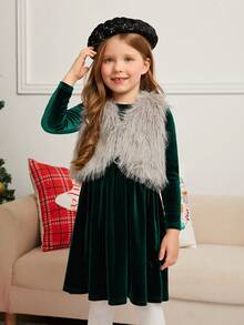 SHEIN Young Girl Solid Dress & Fuzzy Vest Coat - Green - View 4