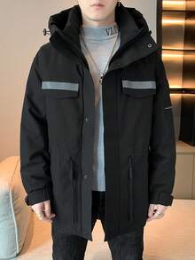 Men Contrast Panel Flap Pocket Drawstring Hooded Down Coat - Black - View 1