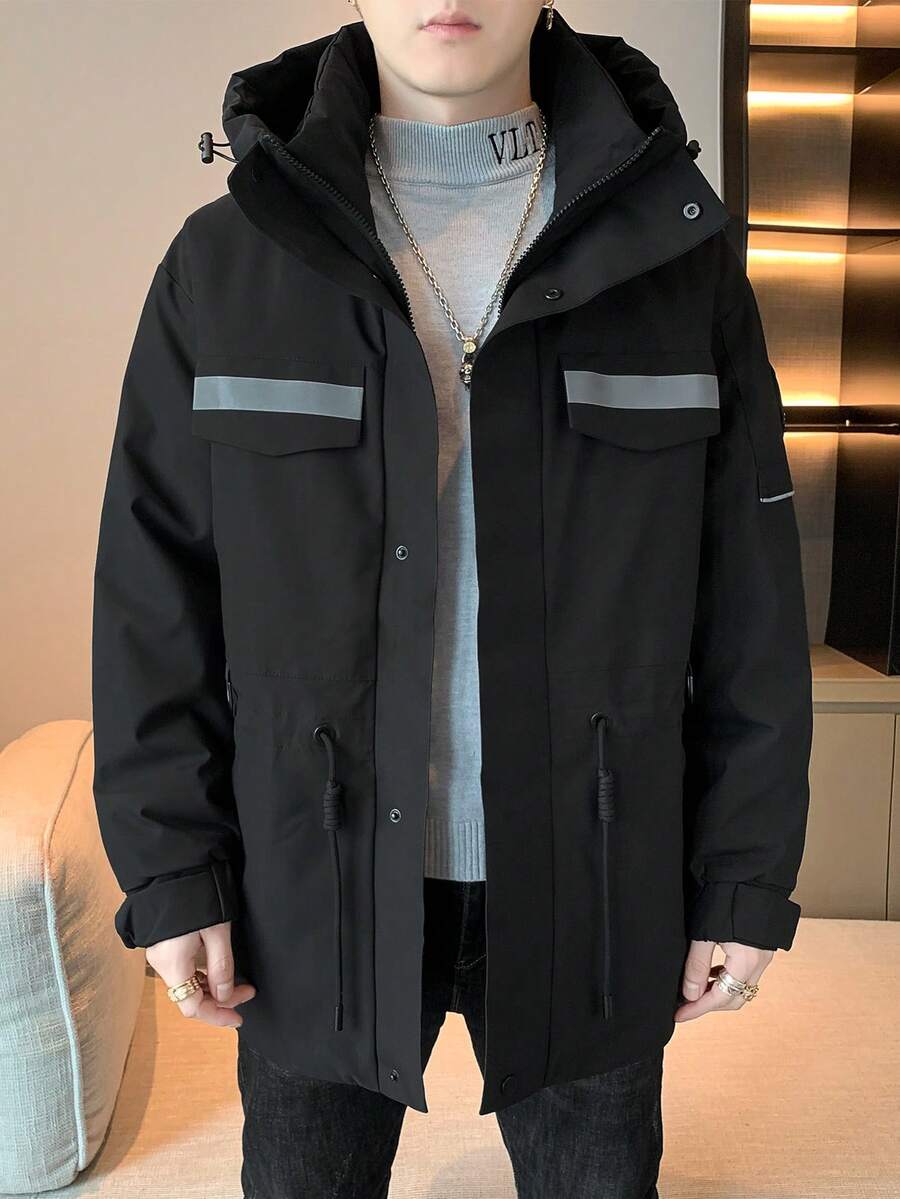 Men Contrast Panel Flap Pocket Drawstring Hooded Down Coat - Black - View 1