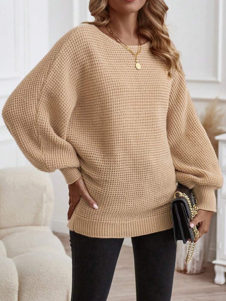 SHEIN LUNE 船领蝙蝠袖罗纹针织套头衫秋冬毛衣 - 卡其色 - 查看 5