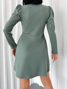EURMUSE Solid Puff Sleeve Wrap Knot Side Dress - Mint Green - View 3