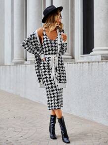 SHEIN Clasi Houndstooth Print Belted Dress & Button Front Coat - Hitam dan Putih - View 4