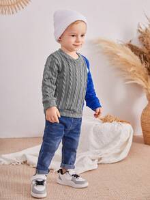 SHEIN Baby Boy Colorblock Letter Patched Detail Cable Knit Sweatshirt - Multicolor - View 6