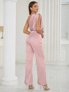 One Shoulder Ruched Satin Jumpsuit - Baby Pink - View 5