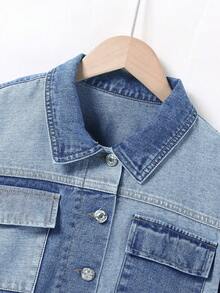 Teen Girl Two Tone Raw Hem Flap Pocket Denim Shirt Without Tee - Dark Wash - View 7