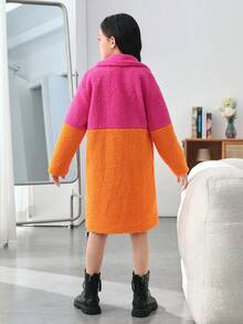 SHEIN Cô gái Tween Hai âm Cổ áo Áo khoác Teddy - Màu Hồng Tươi - Xem 2