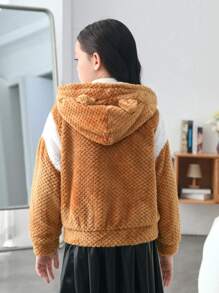 SHEIN Tween Girl Two Tone Drop Shoulder Hooded Teddy Jacket - Coffee Brown - View 2