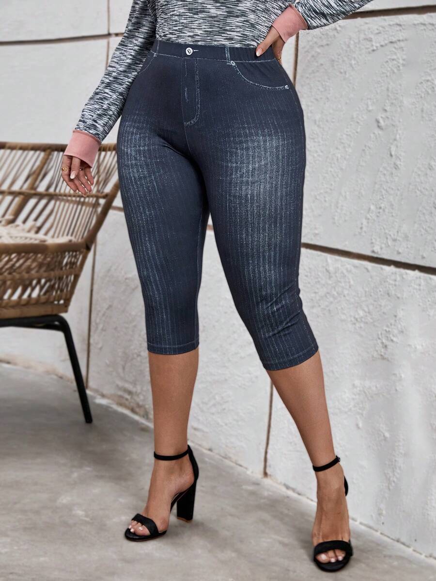 SHEIN LUNE Cộng với quần legging Capri lưng cao - Màu xám đen - Xem 1