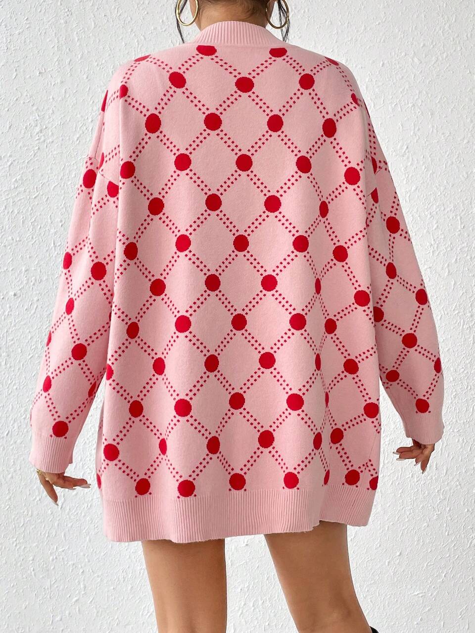 Polka Dot & Argyle Pattern Drop Shoulder Duster Cardigan