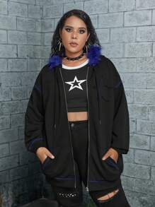 ROMWE PUNK Áo nỉ cỡ lớn có khóa kéo, viền lông mềm mại, dây rút - màu đen - Xem 1