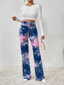 SHEIN Essnce Nhuộm buộc Thắt lưng băng rộng Quần ống loe - Nhiều màu - Xem 6
