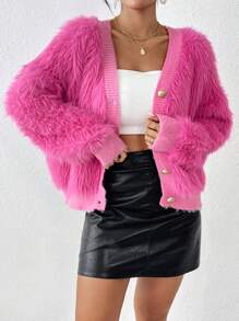 SHEIN Privé Chất rắn Nút phía trước 	
Fuzzy Áo len Mở - Màu Hồng Tươi - Xem 1