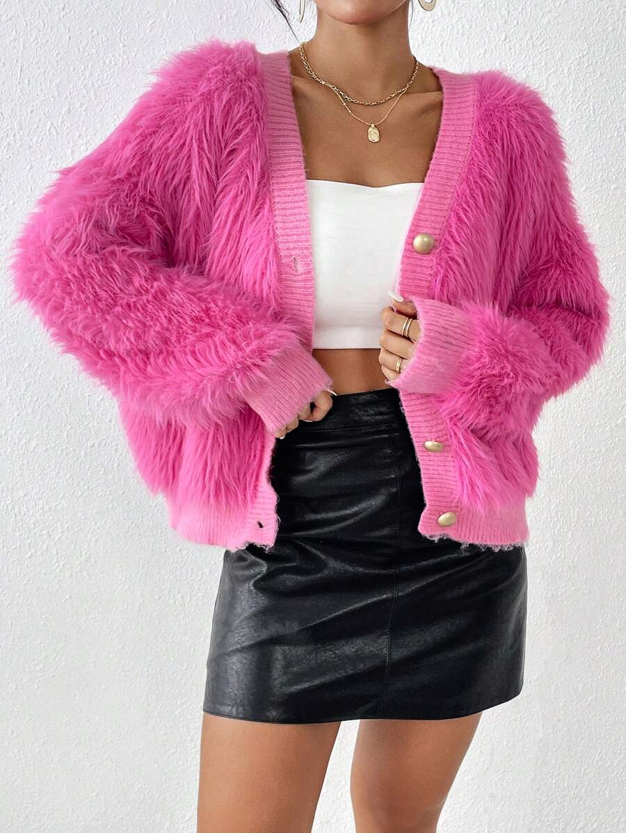 SHEIN Privé Chất rắn Nút phía trước 	
Fuzzy Áo len Mở - Màu Hồng Tươi - Xem 1