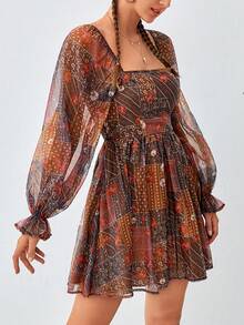 Soleia 色塊拼接圖案方領荷葉袖洋裝 - 彩色 - 查看 3