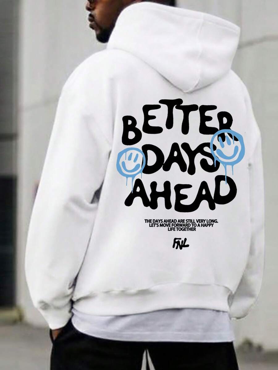 Hơn Khẩu hiệu & Đồ họa Hoạt hình Thả vai Dây rút Hoodie - trắng - Xem 1