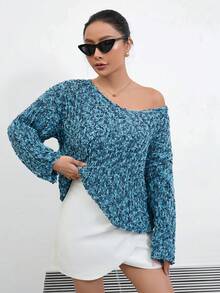 SHEIN Privé Allover Pattern Drop Shoulder Sweater - Blue - View 6