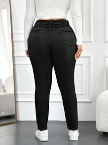 SHEIN Cottnline Plus Size  Zipper Fly Skinny Jeans - Black - View 2