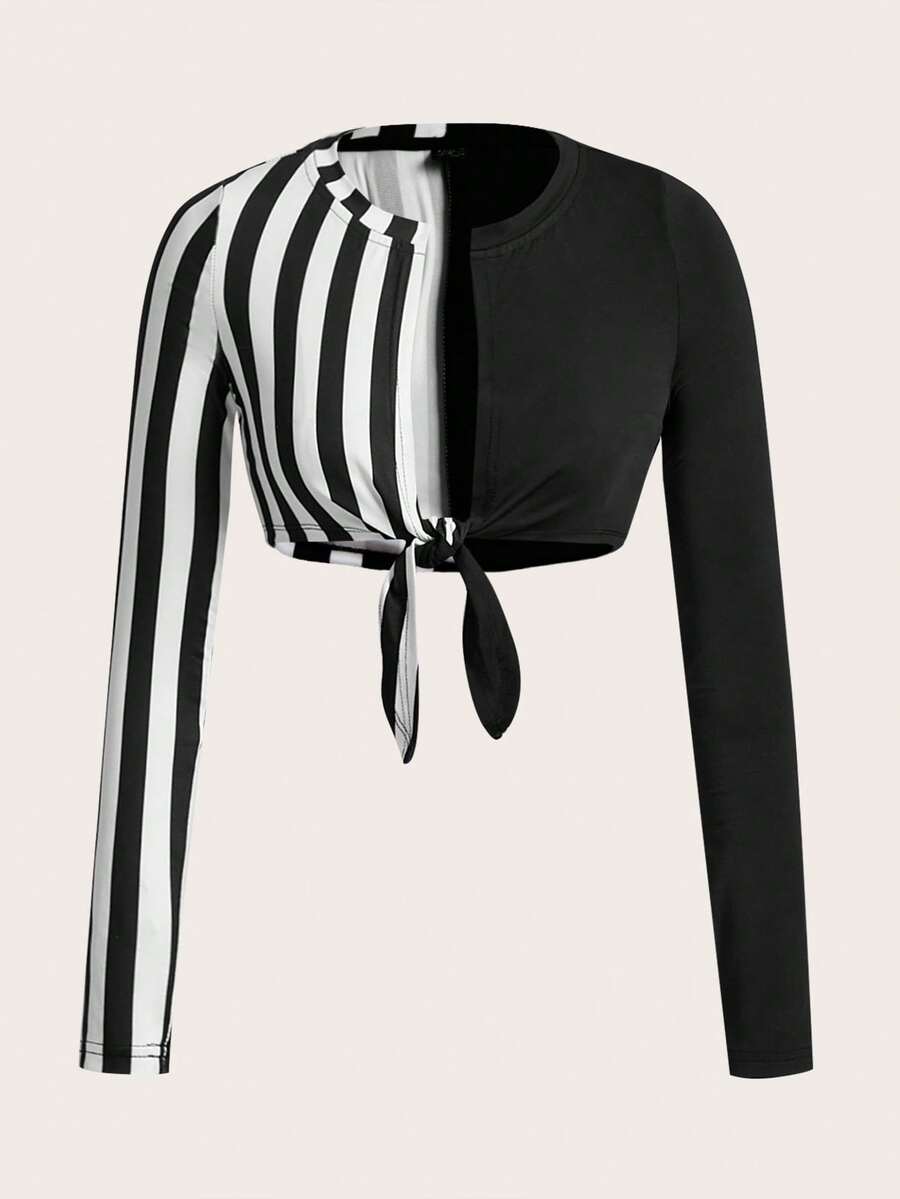 SHEIN ICON 條紋印花前打結短款T恤 - 黑與白 - 查看 1