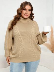 SHEIN LUNE Plus Turtleneck Cable Knit Drop Shoulder Sweater - Khaki - View 5