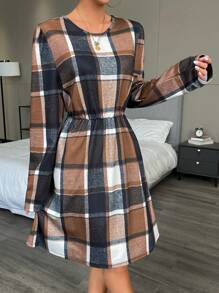 SHEIN LUNE Plaid Print Keyhole Back Dress - Multicolor - View 3