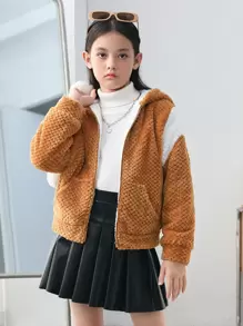 SHEIN Tween Girl Two Tone Drop Shoulder Hooded Teddy Jacket - Coffee Brown - View 1