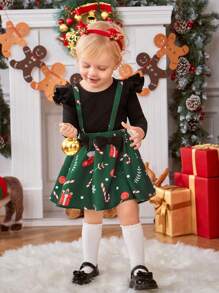 SHEIN Baby Girl Christmas Print Ruffle Trim Bow Front 2 In 1 Dress - Green - View 4