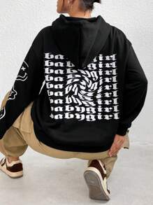 Flirla 加大码字母图案落肩卫衣 - 黑色 - 查看 1