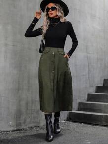 SHEIN LUNE Cao eo Nút phía trước Vải to sợi Váy - xanh quân đội - Xem 3