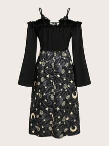 ROMWE Fairycore Sun & Moon Graphic Cold Shoulder Lace Trim Dress - Black - View 2