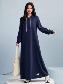Graceveil Letter Patched Drawstring Hooded Sweatshirt Dress,Long Sleeve Tops Modest Pullover Fall Outfit - Navy Blue - View 4