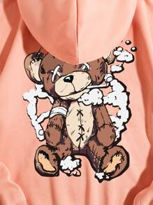 SHEIN Qutie Bear Print Kangaroo Pocket Drawstring Thermal Hoodie - Coral Pink - View 4