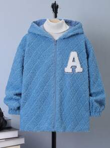 SHEIN Tween Boy Letter Patched Hooded Teddy Coat Without Sweater - Blue - View 3