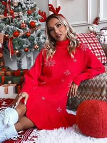 SHEIN LUNE 雪花图案高领插肩袖毛衣连衣裙新年衣服 - 紅色 - 查看 3
