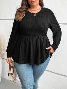 SHEIN CURVE+ Plus Solid Frill Trim Peplum Tee - Black - View 4