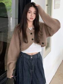 DAZY Drop Shoulder Crop Cardigan - Brown - View 6