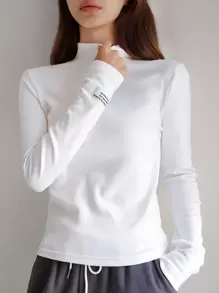 DAZY Solid Mock Neck Tee,Fall Clothes Long Sleeve Women Tops,Thermal Lined - White - View 2