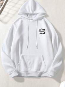 Hơn Khẩu hiệu & Đồ họa Hoạt hình Thả vai Dây rút Hoodie - trắng - Xem 2