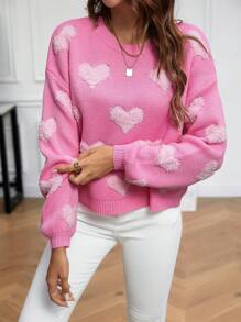 SHEIN Qutie Heart Pattern Drop Shoulder Sweater - Pink - View 5