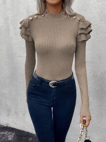SHEIN LUNE Mock Neck Ruffle Trim Button Detail Ribbed Knit Pullover Fall Winter Sweater - Camel - View 3