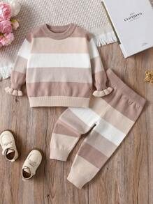 嬰兒拼色荷葉邊袖針織毛衣長褲套裝 - 卡其色 - 查看 1