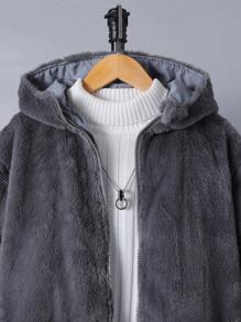 Tween Boys Dual Pocket Hooded Teddy Coat Without Sweater - Dark Grey - View 3