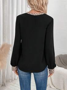 SHEIN LUNE Đường viền cổ có rãnh Tay áo lồng đèn Áo sơ mi - màu đen - Xem 2