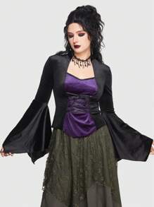 ROMWE Goth Khối màu Lace lên phía trước Tay áo kèn  Áo - màu đen - Xem 4