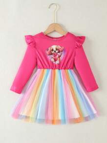 SHEIN Young Girl Cartoon Graphic Ruffle Trim Mesh Hem Dress - Hot Pink - View 6