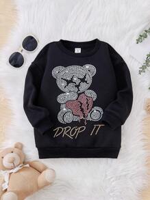 SHEIN Young Girl Rhinestone Bear & Letter Pattern Sweatshirt - Black - View 1
