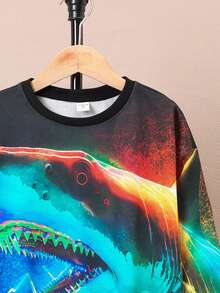 SHEIN 男大童鯊魚印花落肩袖運動衫 - 寶藍色 - 查看 3