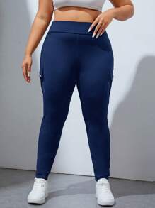 SHEIN EZwear Plus Flap Pocket Side Leggings - Navy Blue - View 5