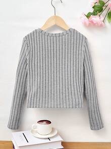 SHEIN 純色休閒長袖t恤,適合春秋季的少女,帶扭結式下擺 - 淺灰色 - 查看 2