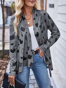 SHEIN LUNE Heart Print Open Front Coat - Grey - View 1